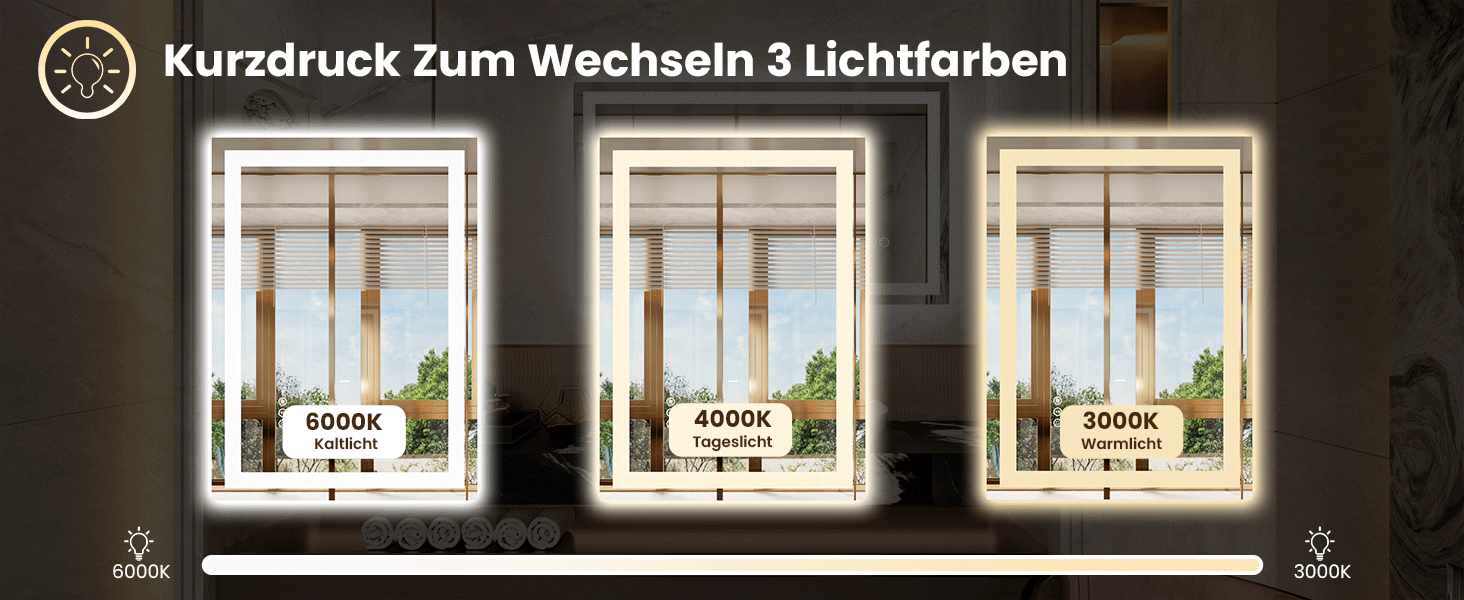 LED дзеркало для ванної кімнати 60x80 см з підсвічуванням, сенсорне керування, регулювання яскравості, 3 кольори світла, антизапар, IP44, вертикальна/горизонтальна орієнтація