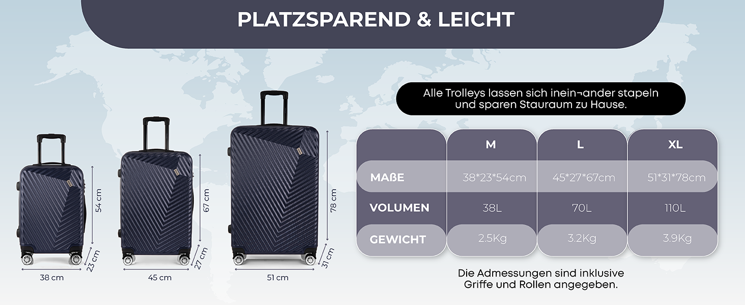 xRace Набір валіз 3 шт. ABS, 20/24/28 дюймів, ручна поклажа, TSA замок, 360° колеса, стійкий до ударів, преміум підкладка (Морська синя)