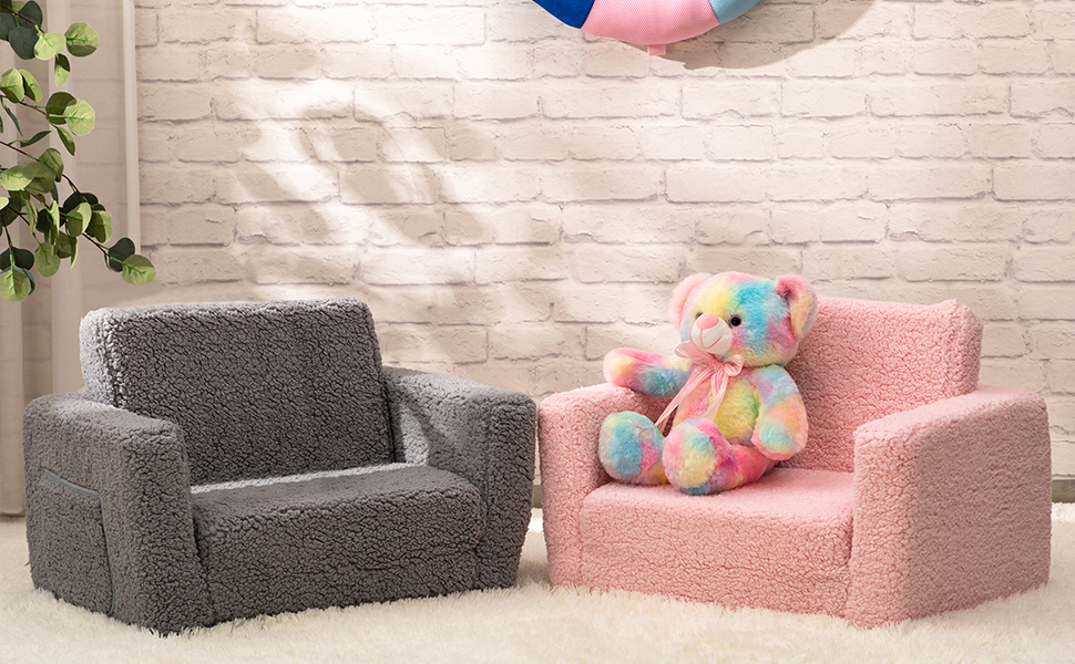 Дитяче диван-ліжко BEJOY 2 в 1, сірий. Зручне крісло-диванчик для дитячої кімнати, подарунок на день народження. Sherpa тканина, висувний диванчик для дітей.
