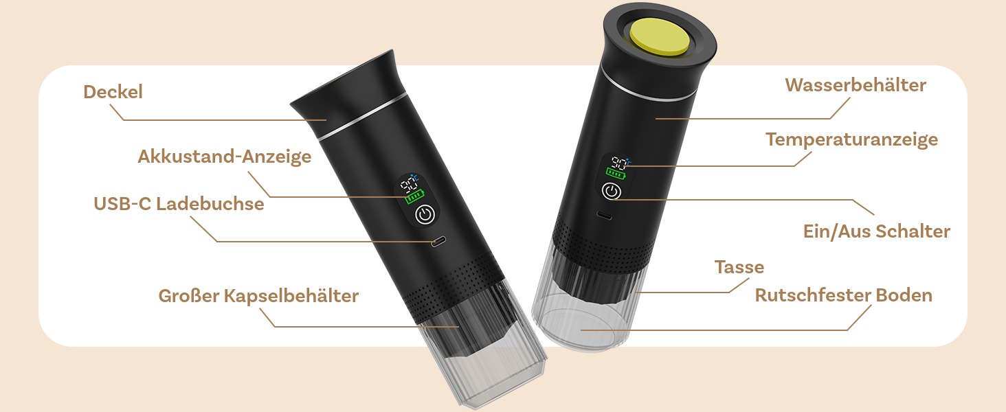 Портативна кавомашина MMOBIEL: електрична еспресо-машина з підігрівом, USB-C, для кави в зернах та капсул – ідеальна для подорожей, кемпінгу, дому, офісу, авто (чорний)