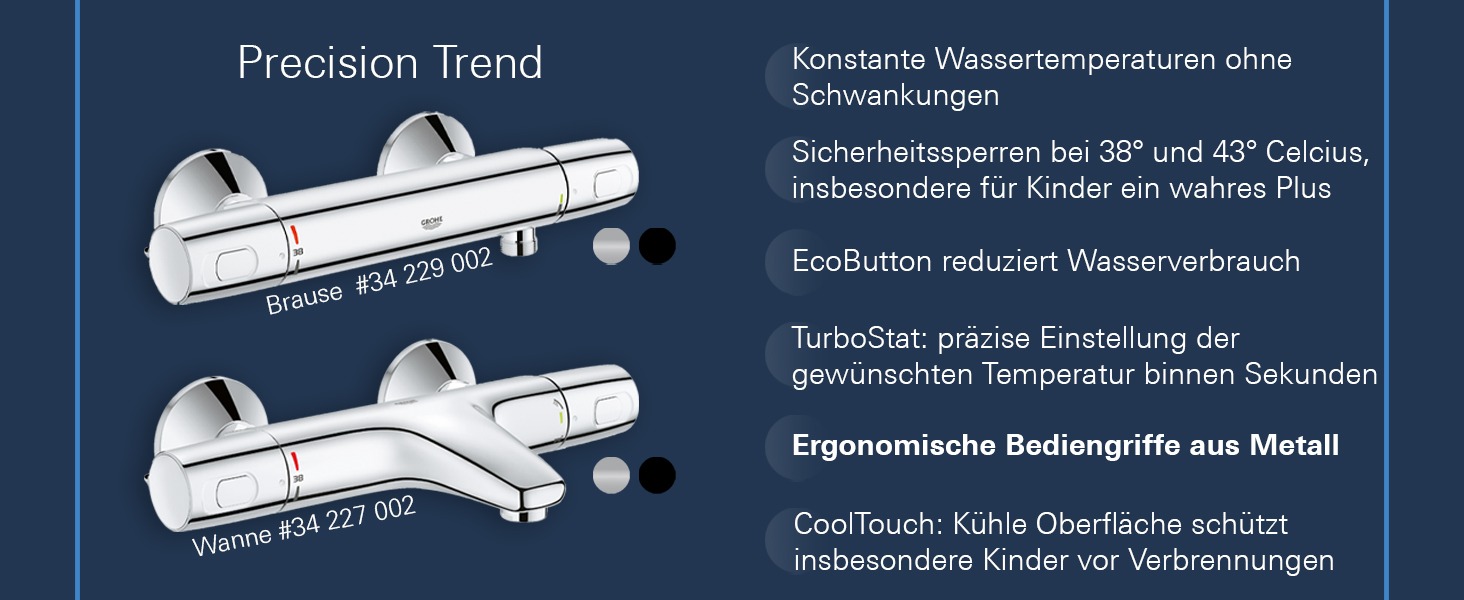 Змішувач для ванни Grohe Precision Feel з термостатом, водозберігаючий, хром, 34788000 Chrome Feel (безпека для дітей, запобіжник 38°C, антиковзні ручки)