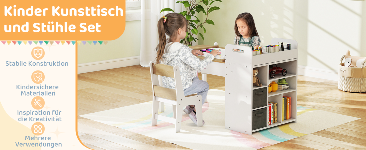 Дитячий стіл COSTWAY 3 в 1 з 2 стільцями: стіл для малювання, мольберт, місце для зберігання. Дерев'яний дитячий стіл-трансформер, 120 x 60 x 60 см (натуральний колір).