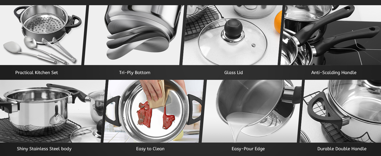 Набір каструль 6 шт. з нержавіючої сталі для індукційних плит, Cookware Set, з кришкою та захистом від опіків, сумісний з усіма типами плит, не має покриття, придатний для миття в посудомийній машині