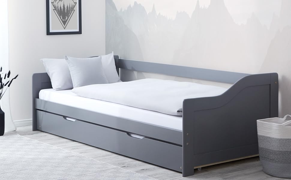 Висувне ліжко Homestyle4u 90x200 см з ящиком для зберігання, сірий дуб, каркас з сосни, ламелі, дитяче ліжко