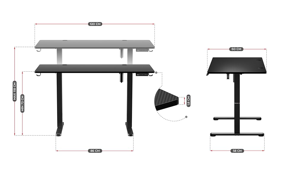 Стіл Електричний комп'ютерний стіл Офісний стіл Стіл Барний стіл 120 х 60 см Регулюється по висоті Плавно регульована 3-х плата пам'яті для керування пам'яттю Металева конструкція (Чорний), 8.2