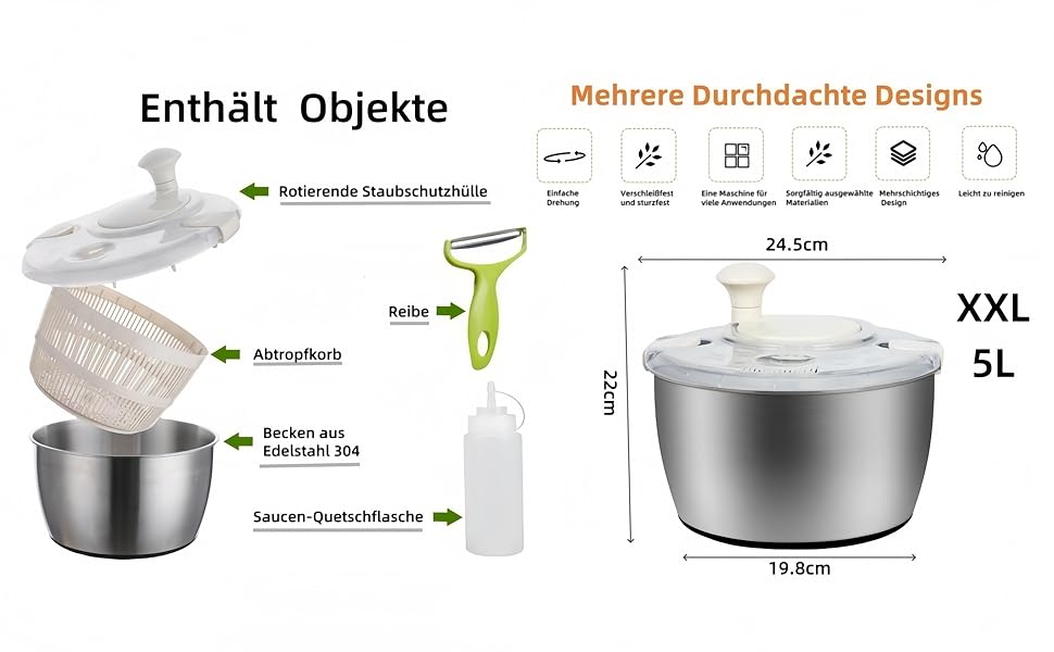 Салатниця-центрифуга XXL з нержавіючої сталі 5л, з очищувачем та пляшкою для віджиму - придатна для миття в посудомийній машині - ідеальна велика салатниця для миття та сушіння салату