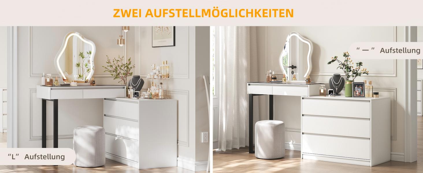 Тюль для макіяжу BROTTAR з регульованою LED-підсвіткою, туалетний столик зі дзеркалом, тумбочка з 5 висувними ящиками, кутовий туалетний столик, L-подібний, кутовий туалетний столик зі скляною стільницею, білий, стиль A