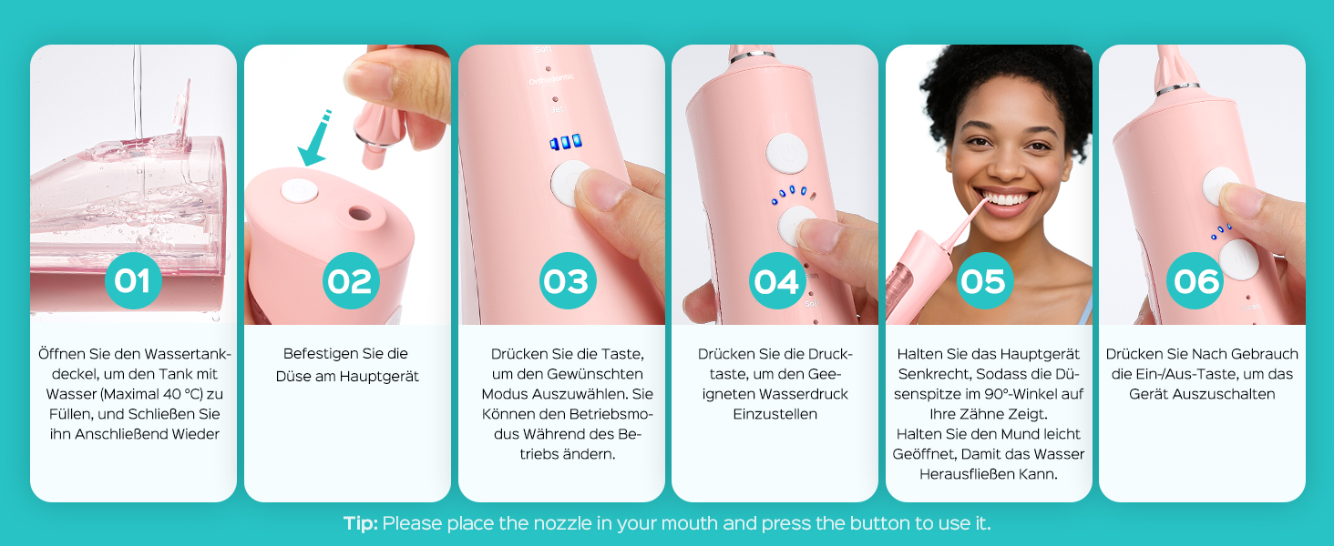 COSLUS Електрична душова насадка бездротова: 20 бар, IPX7, водонепроникна, 4 режими для гігієни порожнини рота, 5 інтенсивностей (Рожева)