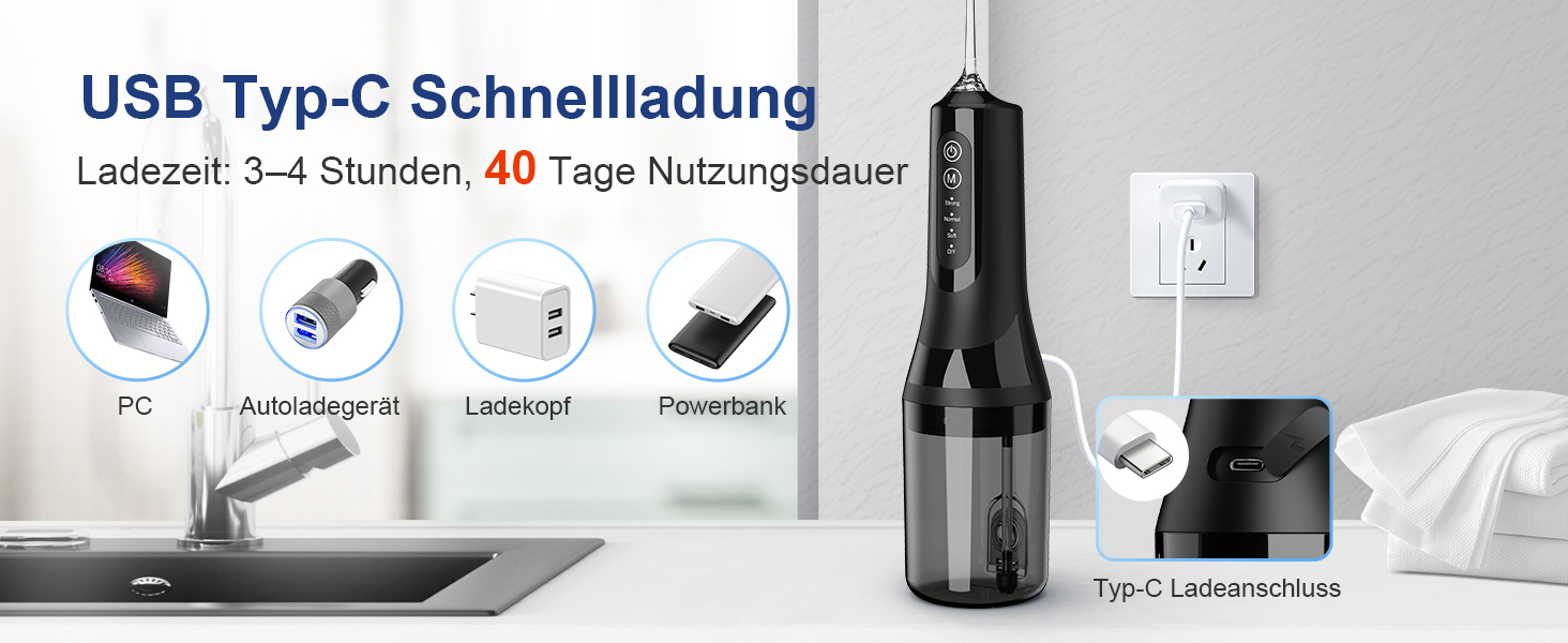 Електрична ірigator для порожнини рота Munddusche: покращена модель 2025, 260 мл резервуар, IPX7 водонепроникність, 5 насадок, 4 режими, для подорожей та дому. Чорний