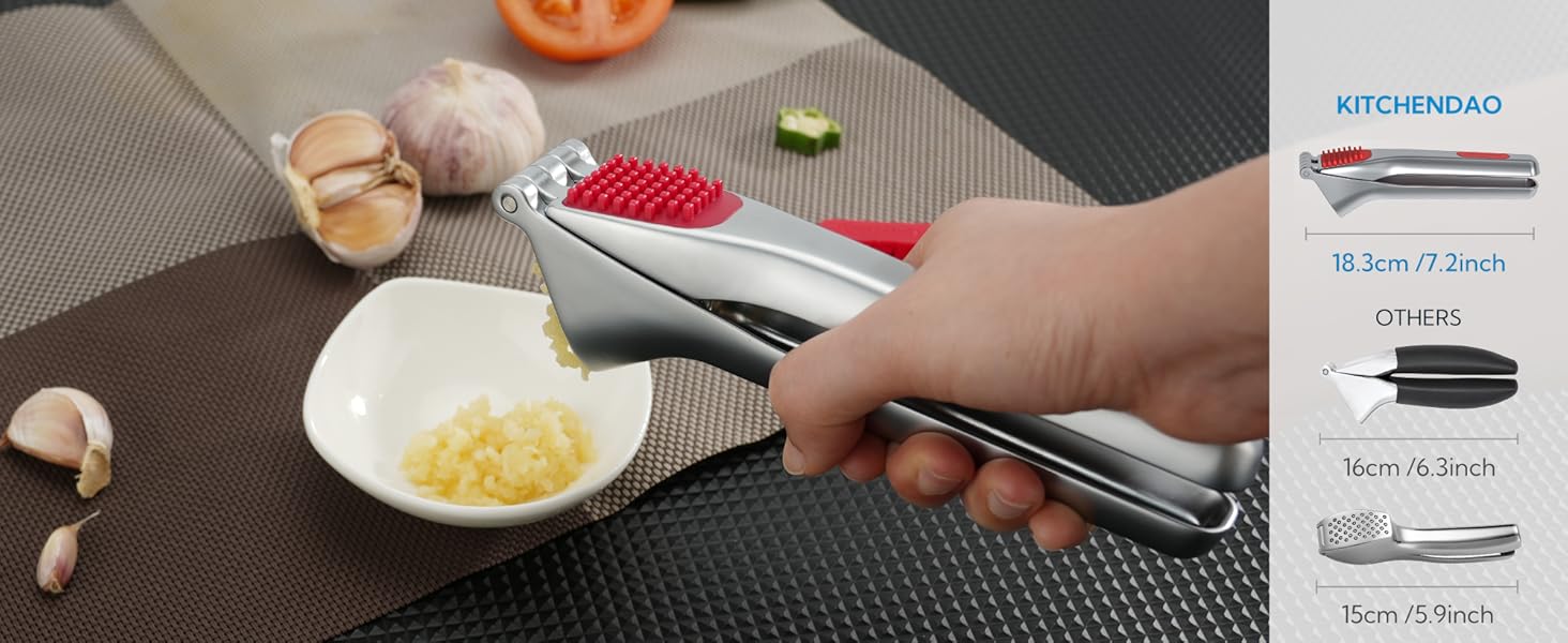 Преміум прес для часнику KITCHENDAO з інтегрованим скребком та контейнером для очищення, цинковий сплав, срібний