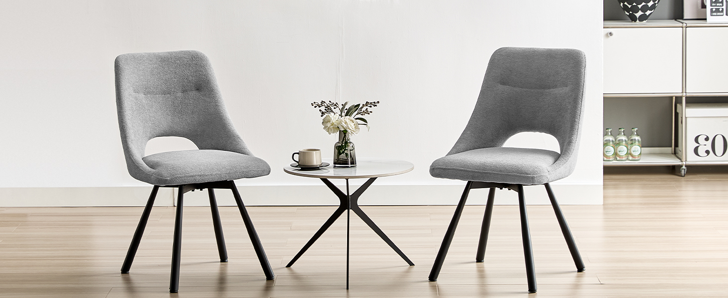 Обідні стільці поворотні, комплект 2 шт., 180° поворот, м'яке сидіння з кашмір-бавовни, чорні металеві ніжки, для вітальні, кухні, їдальні