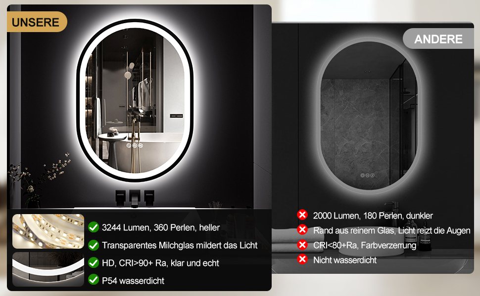 Круглий LED-дзеркало для ванної кімнати ChillCruiser 50 см з чорною рамою, антизапар, 3 кольори, функція Memory