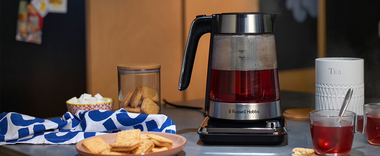 Скляний електрочайник Russell Hobbs Attentiv 26200-70 з регулюванням температури (40-100°C), ситом для чаю, цифровим керуванням та функцією підігріву, 1.7л, 2400Вт, нержавіюча сталь