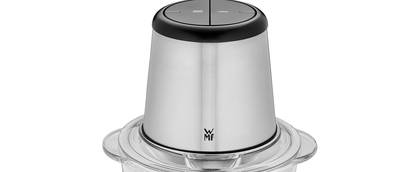 WMF Kult X Електричний подрібнювач міні-подрібнювач з скляною чашею та лезами з нержавіючої сталі, для овочів, трав та горіхів, 1л, довговічний, придатний для миття в посудомийній машині