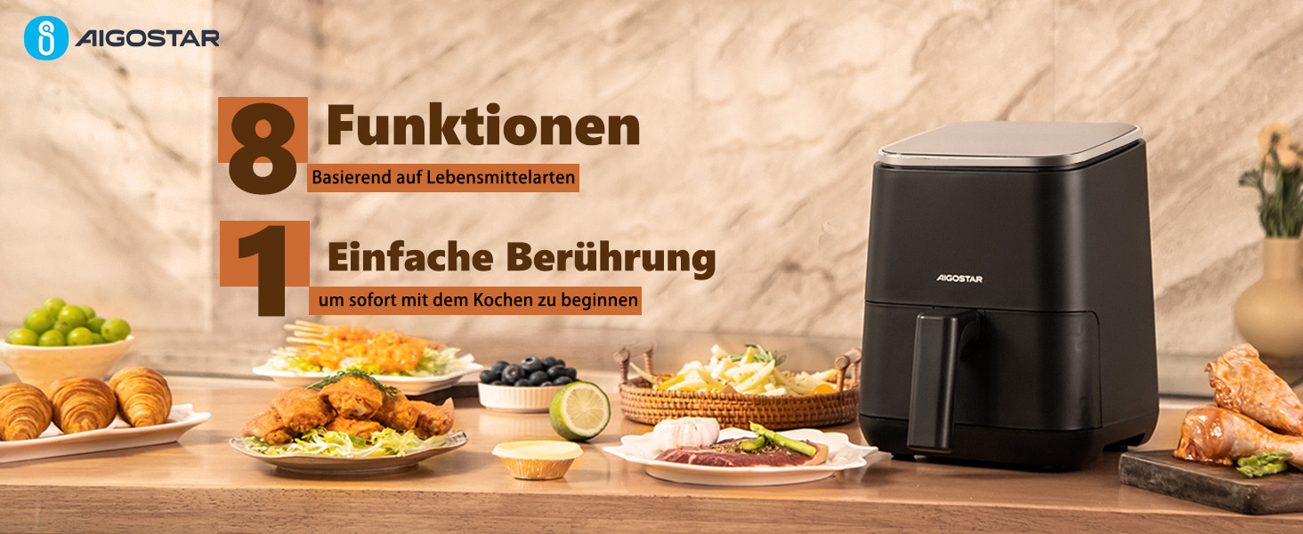 Аерофритюрниця Aigostar Dot 2Л: Airfryer з LED-сенсорним екраном, 8 програмами, 1200W, регулюванням температури та таймером, антипригарне покриття, BPA-free