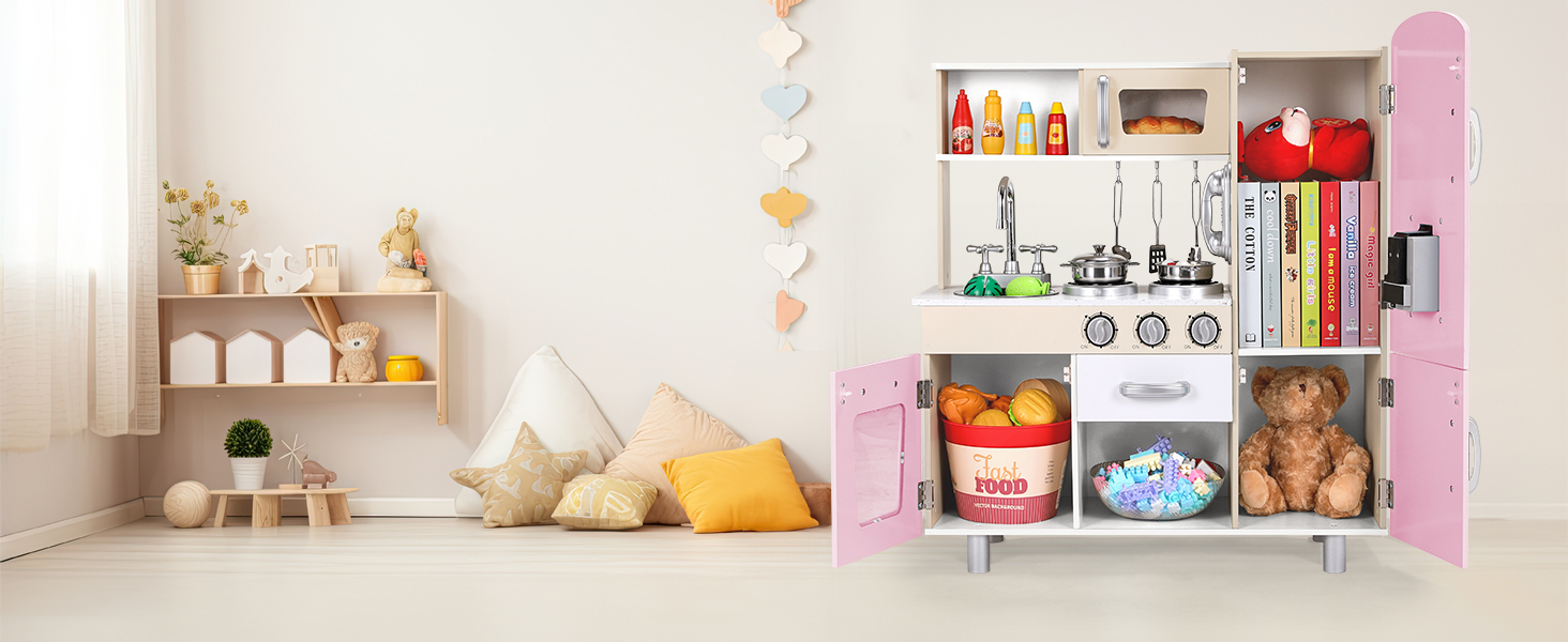 Дерев'яна дитяча кухня Mamizо з аксесуарами, 81x74x30 см, світло та звук, для дітей від 3 років, біло-рожева