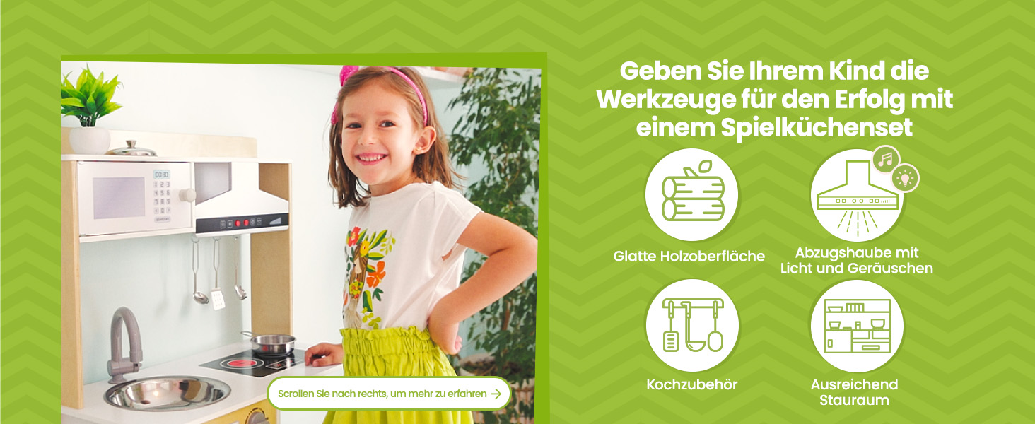 Дерев'яна дитяча кухня Kinderplay з LED та звуками приготування їжі, регульована висота 92–107 см, ігровий набір для дітей від 3 років, повний комплект з аксесуарами, світло-сірий колір (Modern - Weiß)