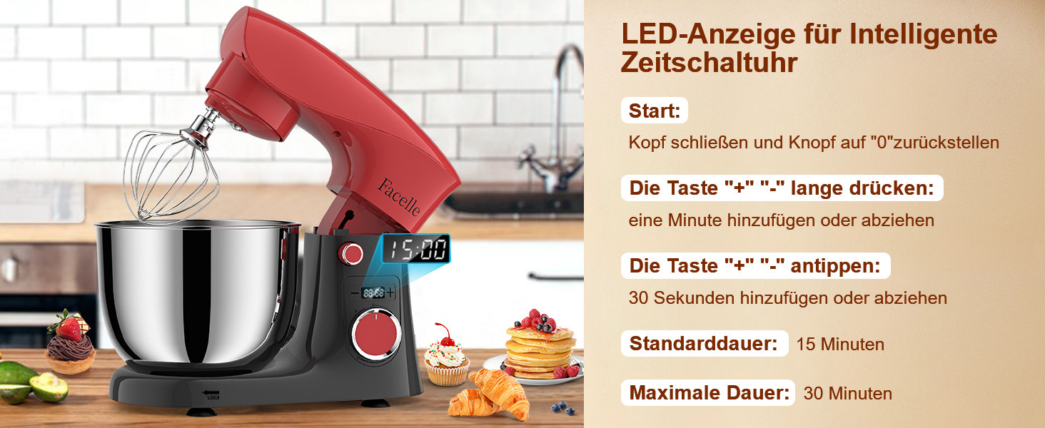 Кухонна машина-міксер Facelle 1500W з чашею 5.5L/4.5L, 10+ програм, тиха робота, з набором насадок (червоно-сірий)