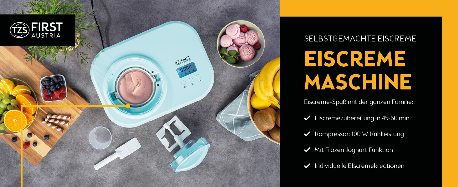 Електрична морозиво-машина TZS First Austria 1L з компресором 3-в-1 - для морозива, сорбету та замороженого йогурту, з мірним стаканчиком та лопаткою, колір м'ятний