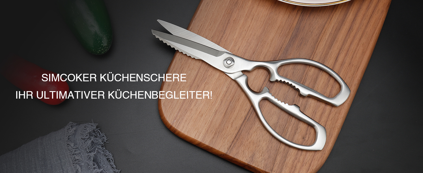 Кухонні ножиці важкі – з нержавіючої сталі 3Cr14, міцні для м'яса, птиці та овочів, з відкривачем пляшок, придатні для миття в посудомийній машині, 22,8 см, 5 років гарантії, сріблястого кольору