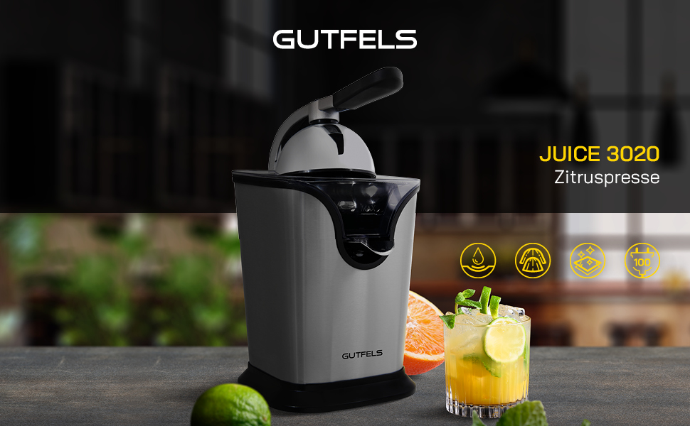 Соковижималка для цитрусових GUTFELS JUICE 3020 Носик з нержавіючої сталі Дві насадки для преса Поверхня з нержавіючої сталі 100 Вт Надійна опора