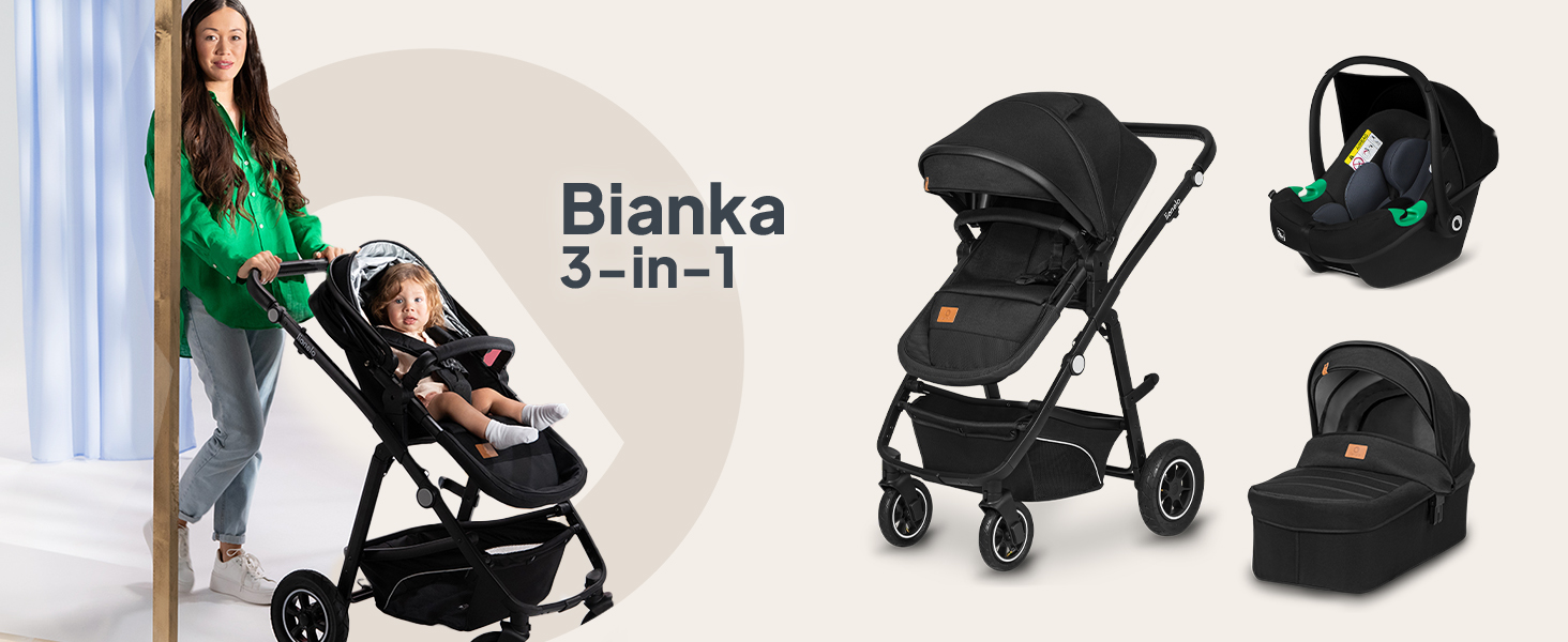 Дитяча коляска Lionelo Bianka 3 в 1: люлька, автокрісло, прогулянкова, до 22 кг, чорний онікс