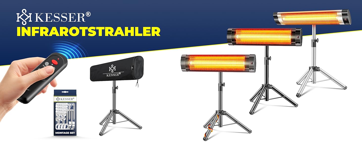 Інфрачервовий обігрівач KESSER® 2500W з захисним чохлом та телескопічним штативом – для тераси, вітальні, дачі