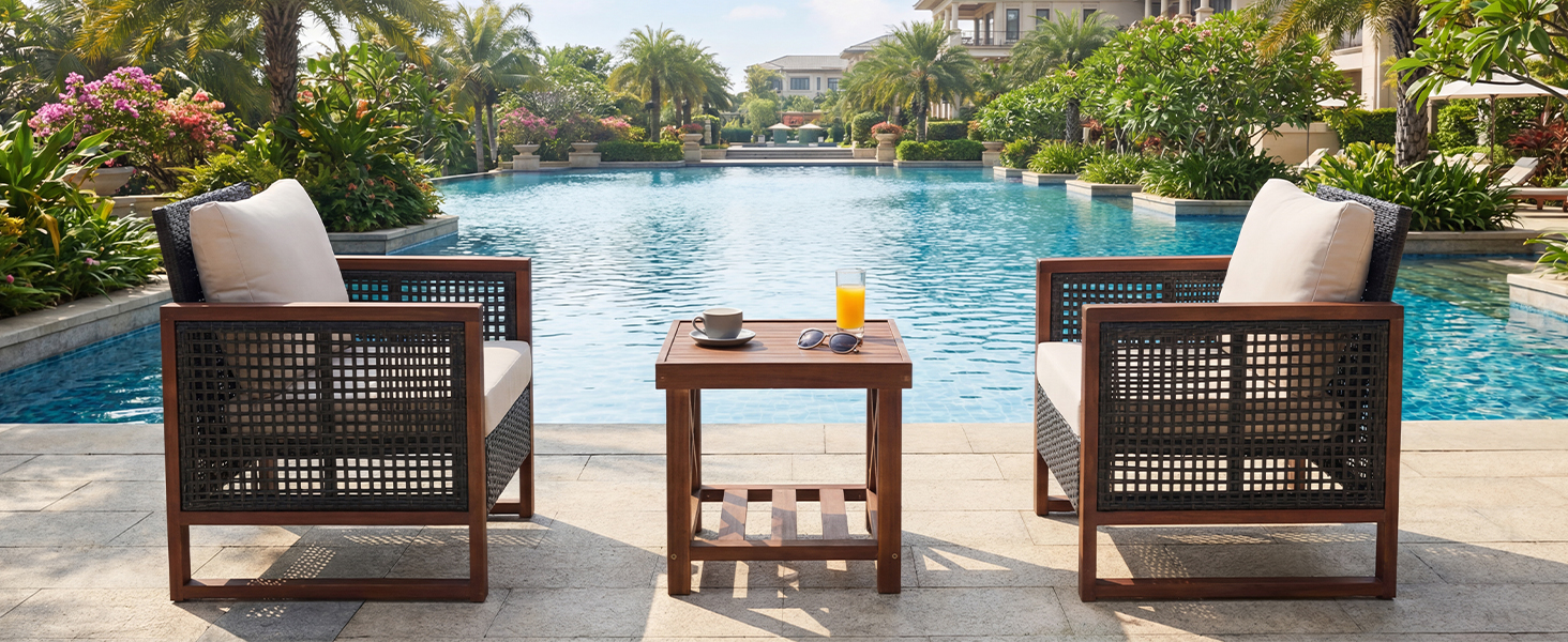 Набір садово-розкладних меблів GIANTEX з ротангу (3 шт.), садова група для балкону на 2 особи, Lounge Set з 2 кріслами та дерев'яним столом, коричневий, з подушками