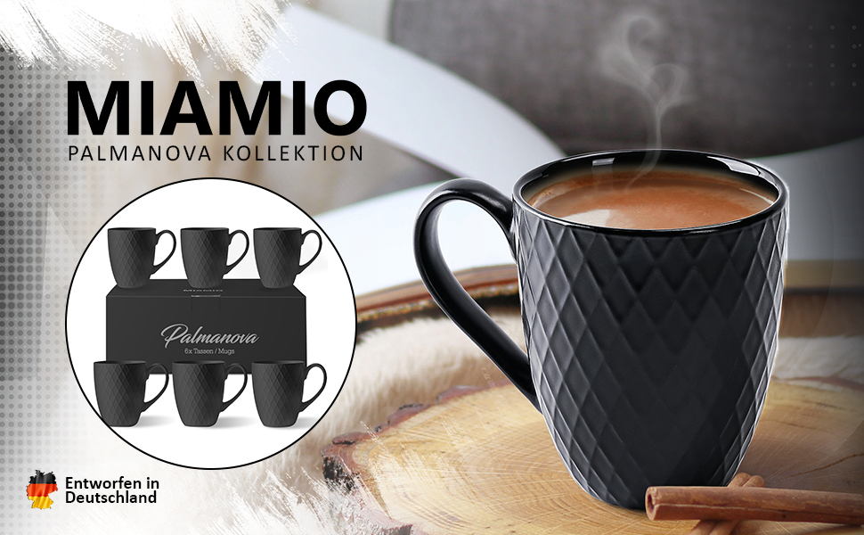 Набір кавових чашок Miamio Palmanova (6 шт., 400 мл) – чорний матовий керамічний набір