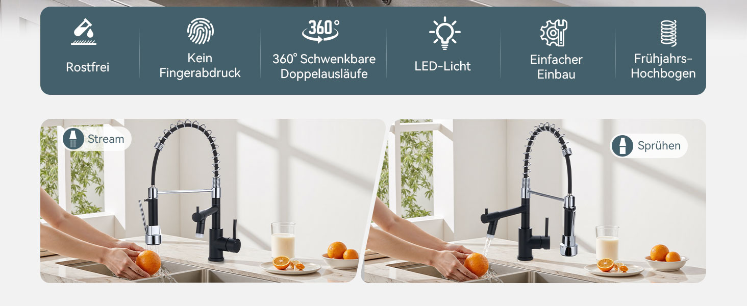 Змішувач кухонний Warmiehomy LED 360° з висувним душем, чорний/хром