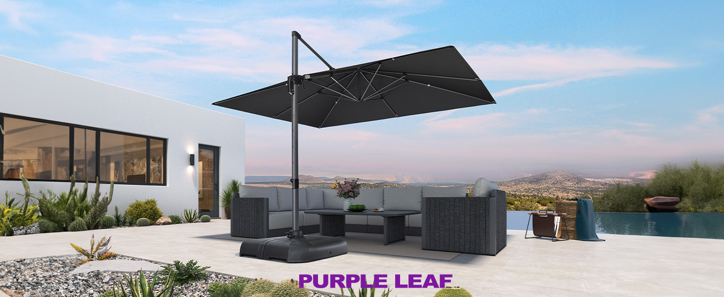 Парасолька від сонця PURPLE LEAF 300x400 см, велика підвісна парасолька-ампел з рукояткою, поворотом на 360° та хрест-підставкою для тераси та балкона, чорна