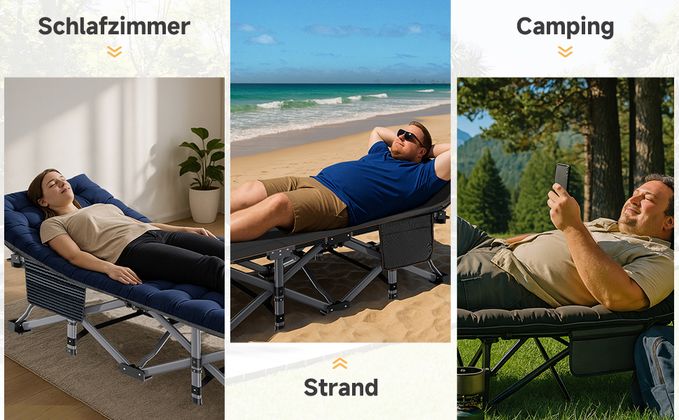 Розкладне кемпінгове ліжко з матрацом та кишенями, сталевий каркас, Oxford, витримує до 200 кг, 190x71x36 см, чорне