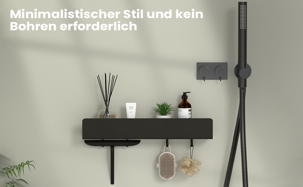 Поличка для душу REKITA без свердління, органайзер для ванної кімнати 40 см, поличка з нержавіючої сталі з 4 знімними гачками, тримач для шампуню для душу, навісна поличка, чорний колір