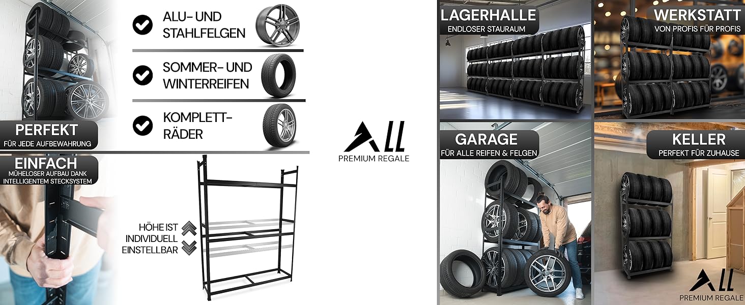 Стійка для шин преміум-класу 100x110x40 см, вантажопідйомність 175 кг, економія місця, для гаража та складу (чорний, 12 шин)