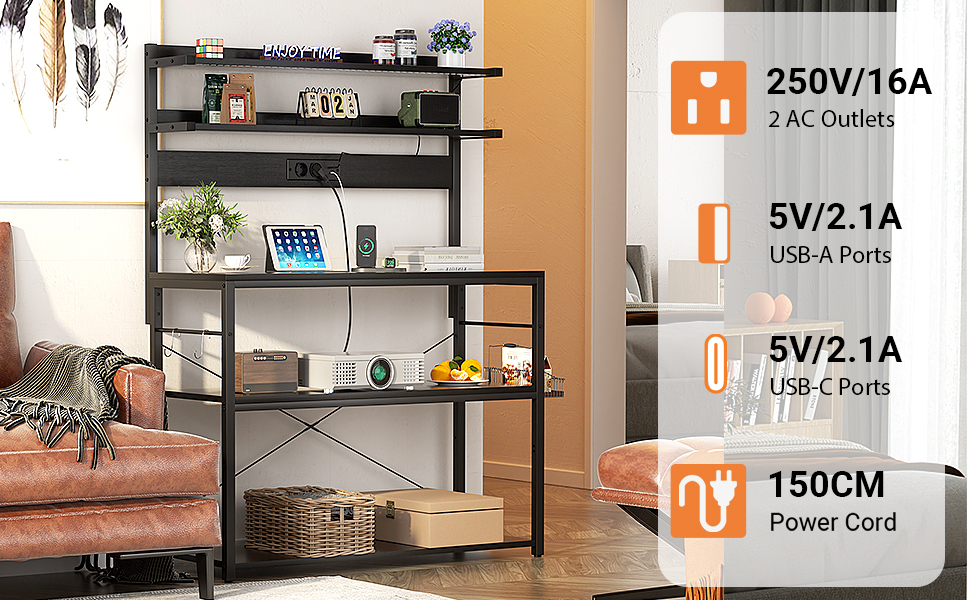 Кухонна полиця-стійка з розеткою, підставка для мікрохвильовки, 5-рівнева кавобар з LED-підсвічуванням, полиця для спецій, каструль та сковороди (80 см, чорний)