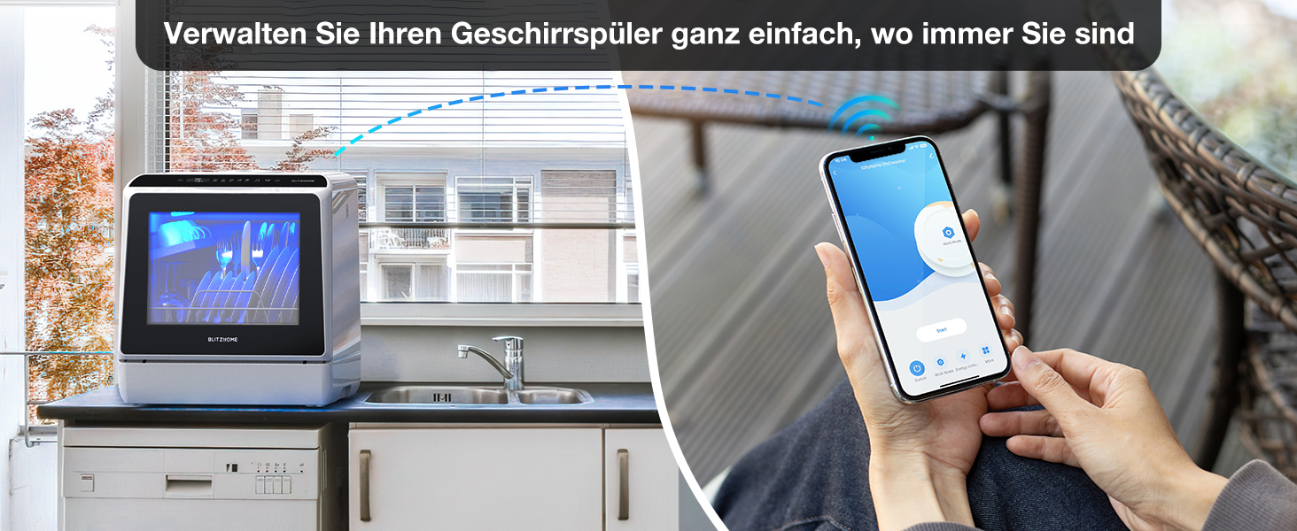 BLITZHOME Міні посудомийна машина з керуванням через додаток, 6 програм, портативна, 5л бак, з/без підключення до води, функція сушіння, для кемпінгу