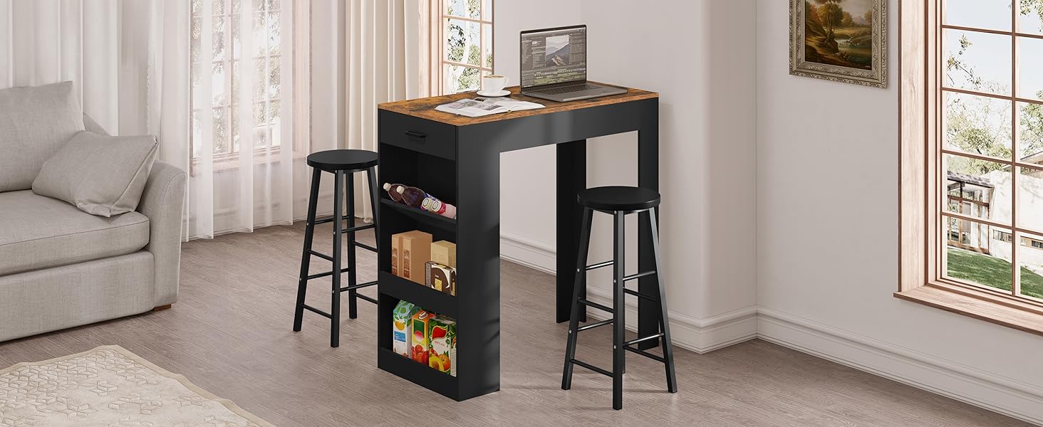 WOLTU Столик барний, кухонний, вітальні, їдальні з 1 шухлядою, 3 полицями, віноградником, чорний 100x50x100 см