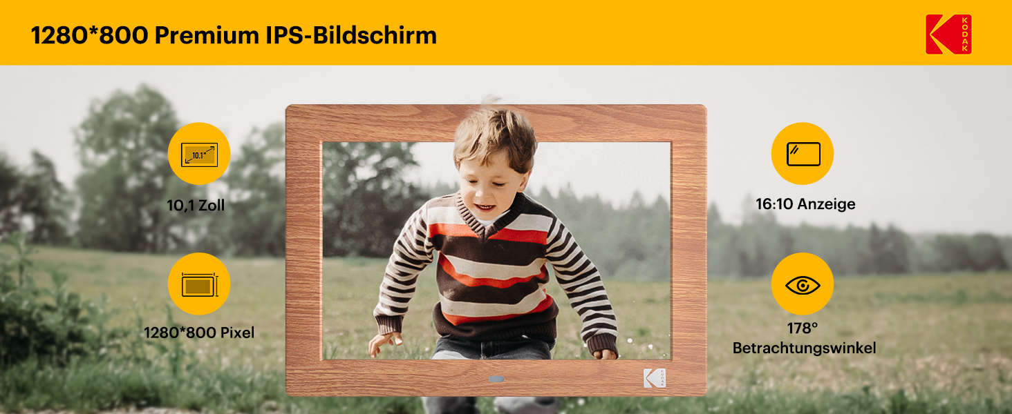Цифровий фотоальбом KODAK 10 дюймів з пультом, без Wi-Fi, IPS-дисплей 1280x800, відтворення фото/відео/музики, USB/SD, дерев'яний корпус