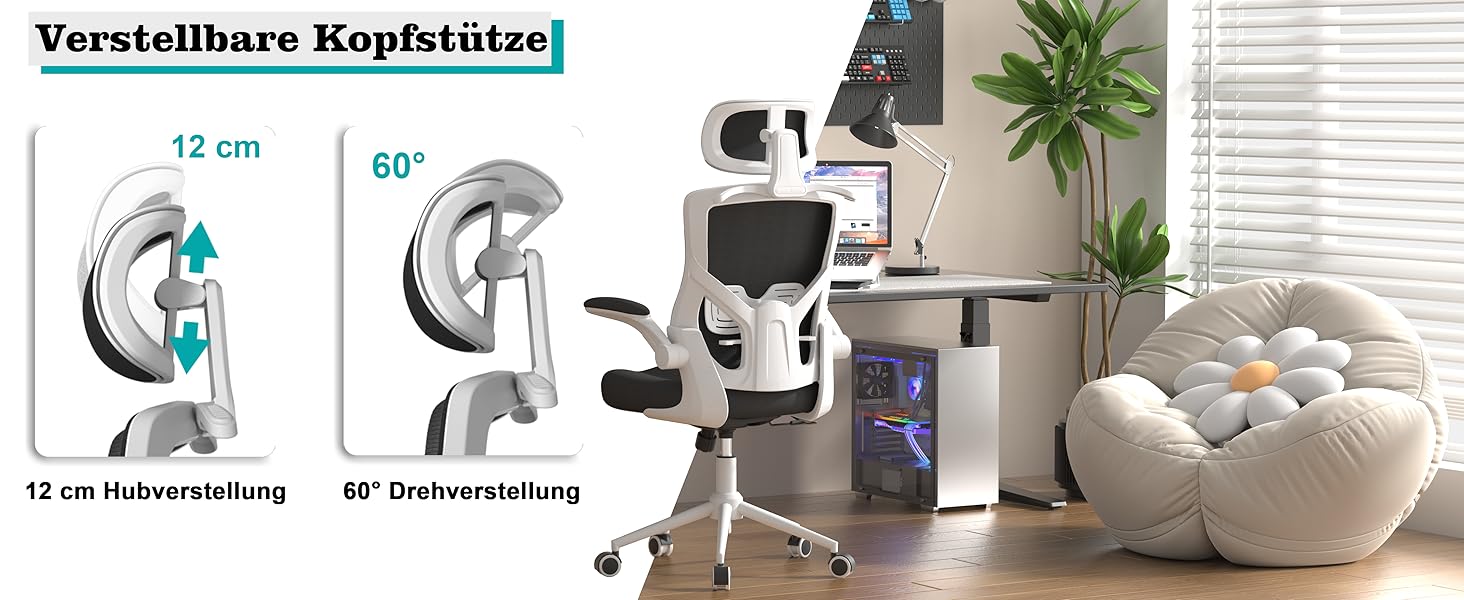 Ергономічне крісло для офісу з регульованою підголівником та поперековою підтримкою – високе офісне крісло з сітчастою спинкою та м'яким сидінням, вішалка для одягу та функцією блокування (Чорний колір з білим каркасом)