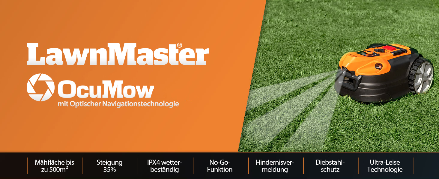 Газонокосарка-робот LawnMaster VBRM18AMIDR без обмежувального дроту для газонів до 500 м², акумулятор 2Ah, оптична навігація, уникнення перешкод, автоматична зарядна станція, функція заборонених зон, WiFi і Bluetooth керування через додаток