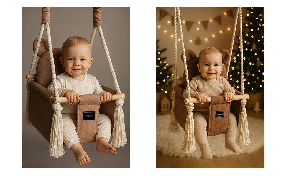 Дитяча гойдалка для дому та вулиці Bär Light Velvet | Гойдалка для малюків | Дерев'яна гойдалка для дітей | Гойдалка для дверного отвору