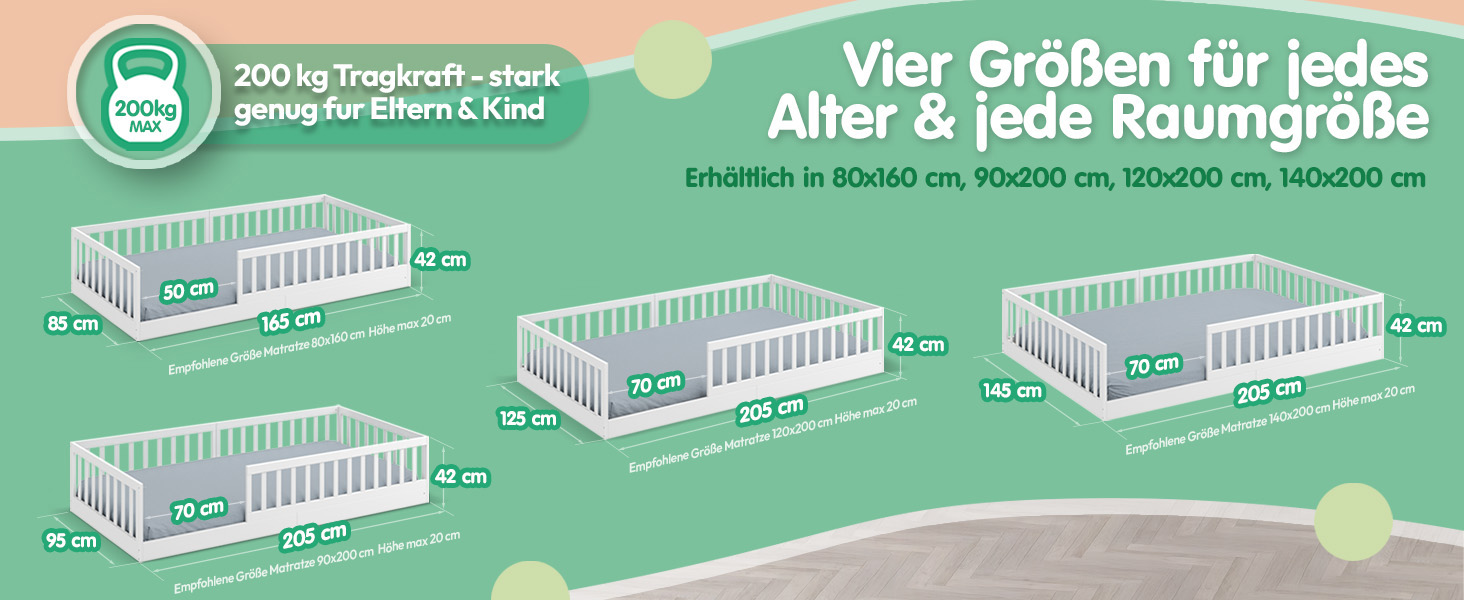 Ліжко дитяче CADANI Timi 2в1 Montessori 120x200 см з бортиками, ламелі, масив сосни, біле - 3 варіанти збірки, до 200 кг