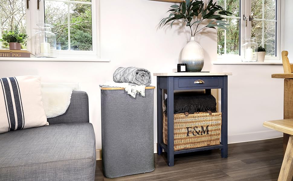 Кошик для білизни Nest Zest 100L з кришкою, 2 відділення для сортування, з інструкцією по догляду та 2 знімними внутрішніми кишенями, з бамбуковим обідком, Оксфордська тканина (Сірий)