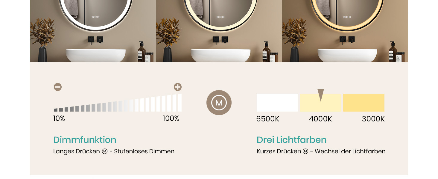 Дзеркало для ванної кімнати EMKE з підсвічуванням, діаметр 50 см, чорний каркас, регульована яскравість, 3 кольори світла, антизапар, сенсорне керування, функція пам'яті