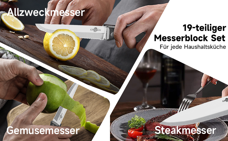 Набір ножів Messerblock: 19 предметів, нержавіюча сталь, з підставкою з дерева, для професійної кухні, з точильним каменем