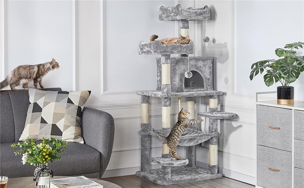 Кігтеточка Yaheetech Cat Tree 150 см з 2 приємними оглядовими майданчиками Sisal Cat Furniture Дерево для скелелазіння для великих кішок, світло-сіре 60,5 см x 50,5 см x 146,5 см (ДхШхВ) Світло-сірий