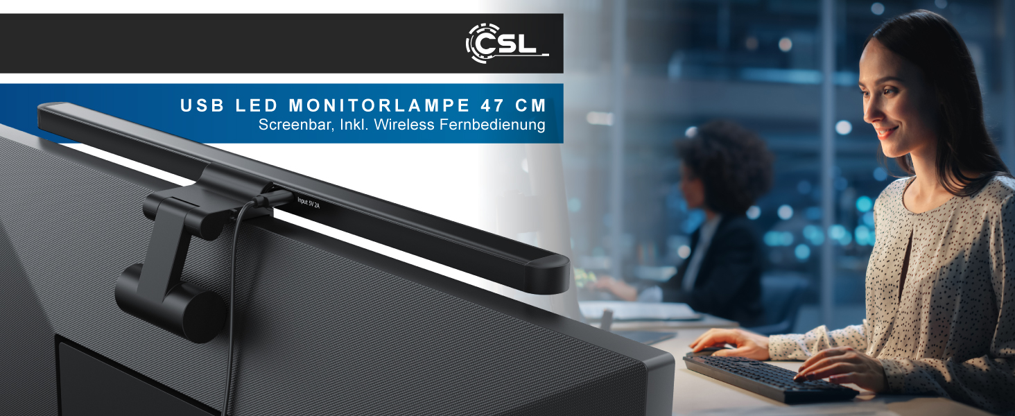 LED-лампа для монітора CSL Screenbar USB з пультом дистанційного керування, регулювання яскравості, 3 колірні температури, захист очей, поворотна
