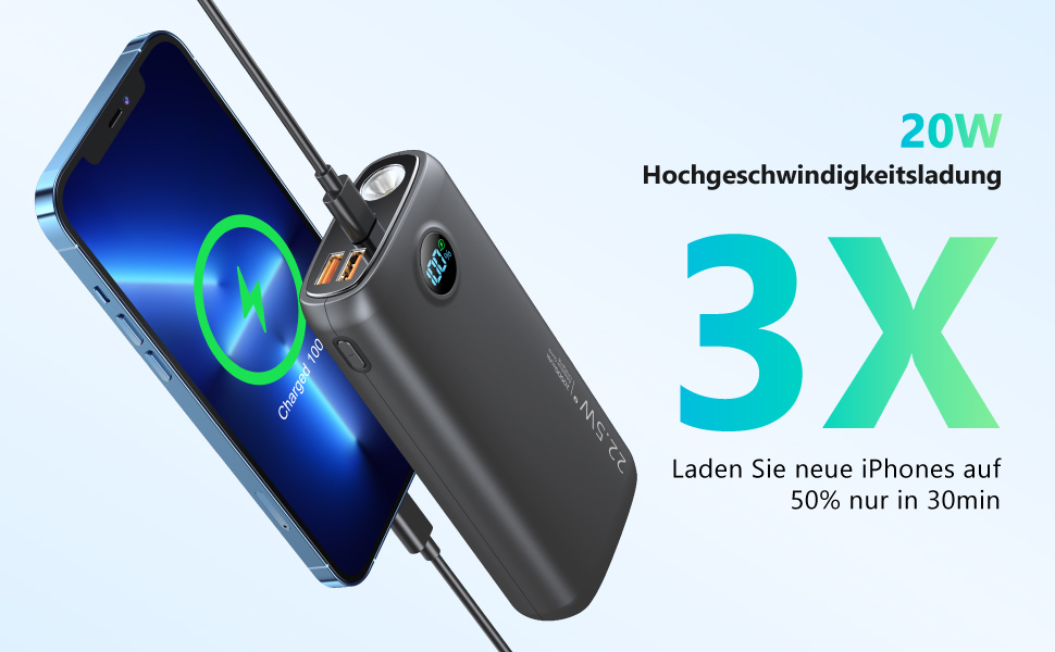 МАг, 22,5 Вт PD 3.0 QC 4.0, USB-C, LED, 4.5A, з ліхтарем для смартфонів/планшетів, 20 000