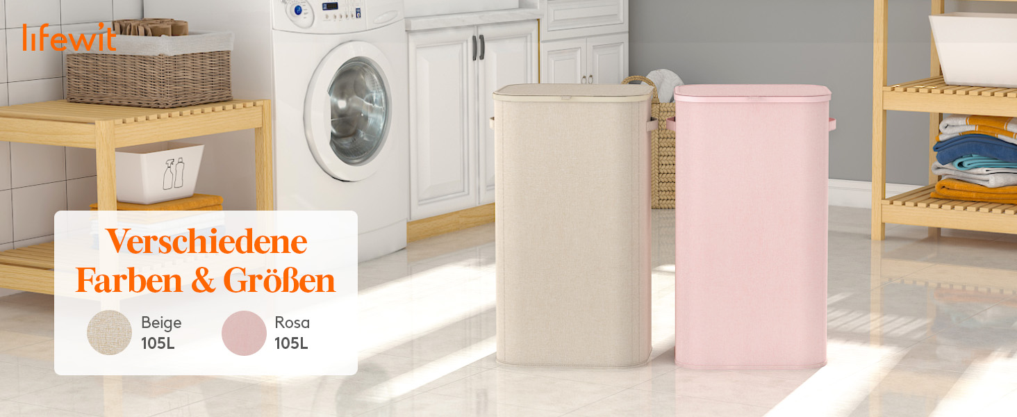 Кошик для білизни з кришкою Lifewit, 105л, рожевий, з міцним пластиковим каркасом, великий, складний, для спальні, ванної кімнати
