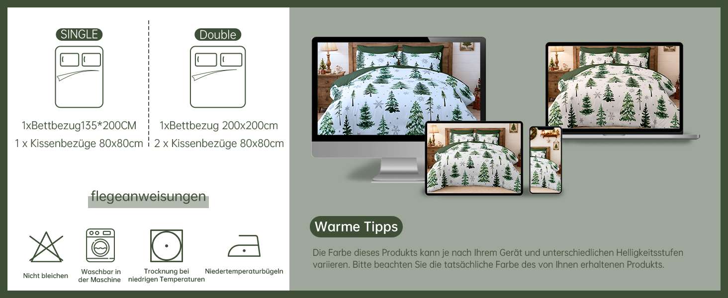 Комплект зимової постільної білизни WONGS BEDDING з новорічним принтом (Санта-Клаус), м'яка мікрофібра, 200x200 см, зелений з ялинкою (підковдра та наволочка 80x80 см)